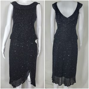 Scala Beaded Silk 2 Pc Dress Womens Size M Black Top & Skirt Sequins Evening NWT
